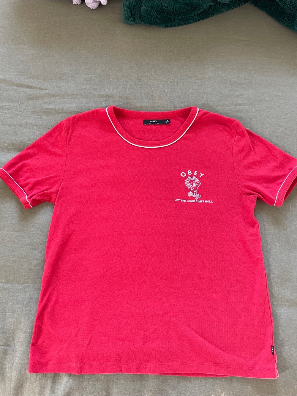 Obey Red Short Sleeve Graphic Ringer Tee with White Trim